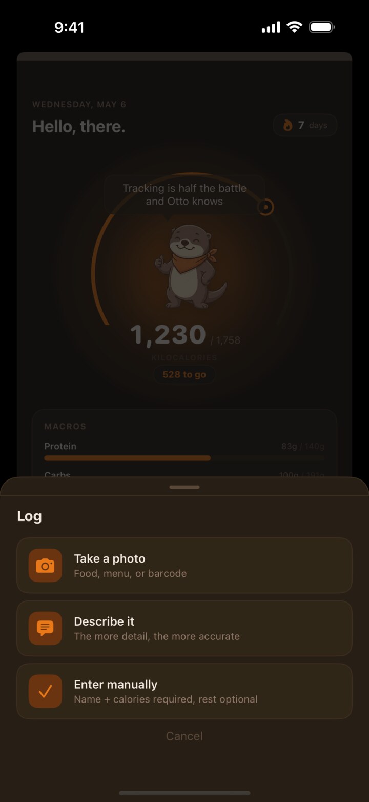 Log picker showing photo, barcode, describe, and manual entry options