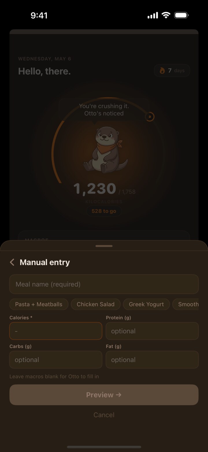 Manual entry form with calories and macro inputs